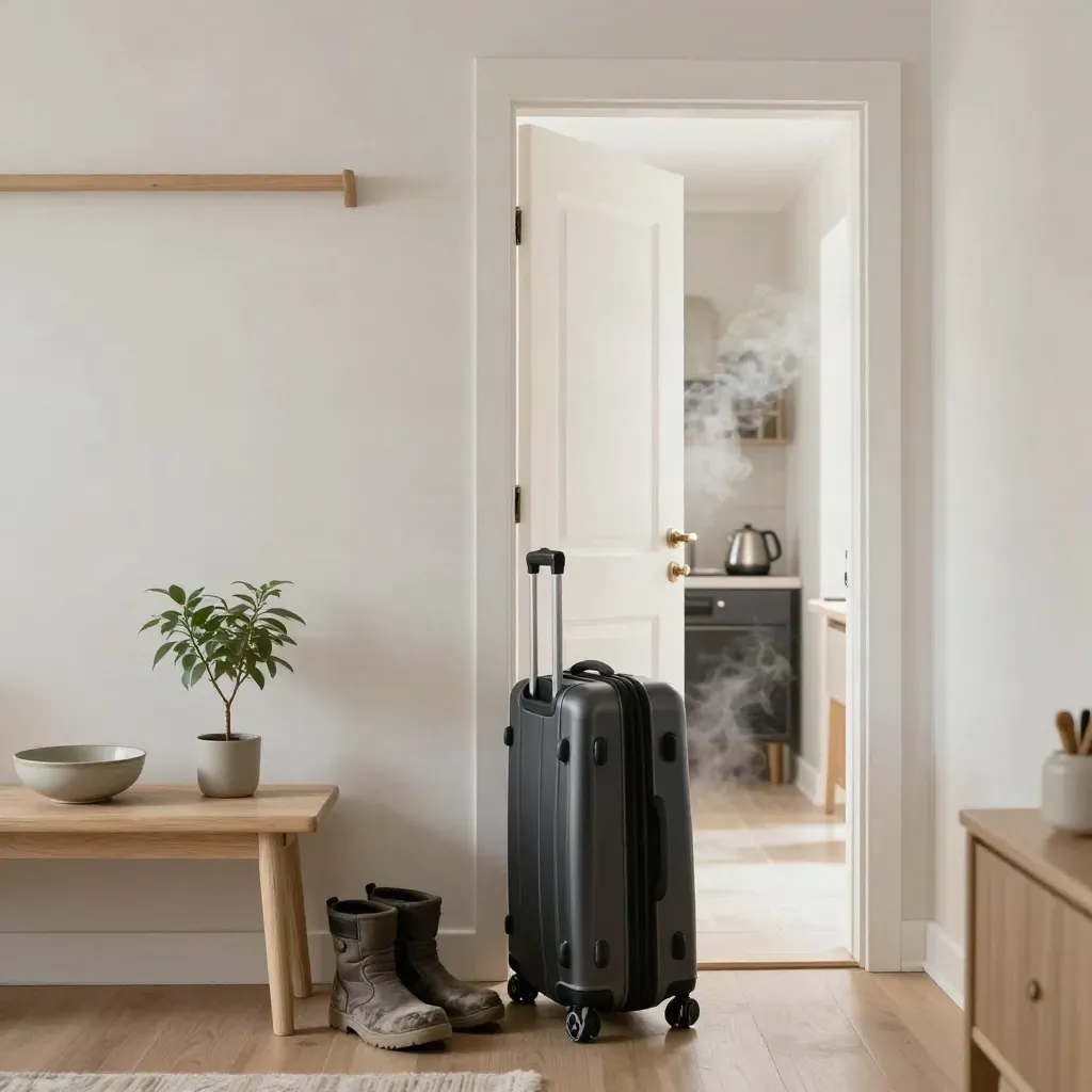 Newcomer apartment entry with suitcase, boots, coat rack, plant, bowl and settling steam.