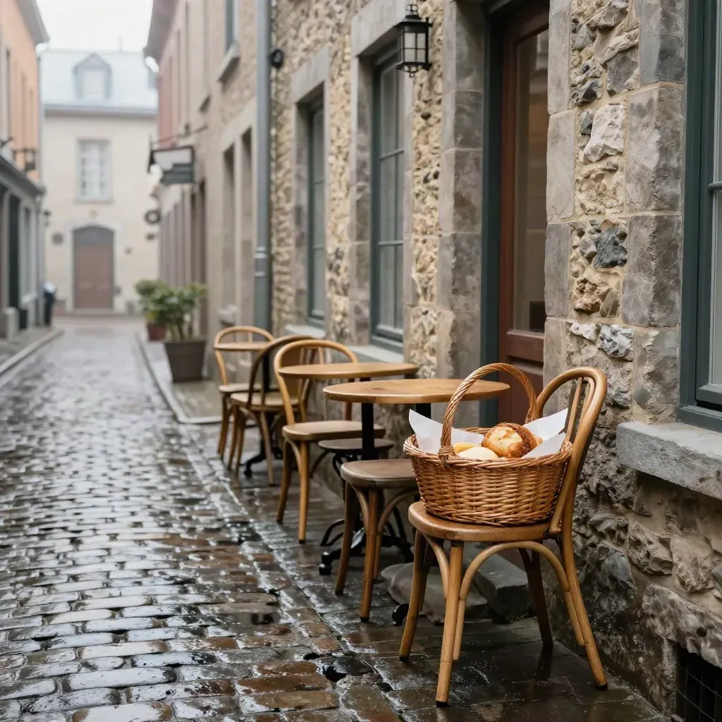 Wet Quebec City lane with stacked café chairs, a bakery basket, and stone walls after rain.