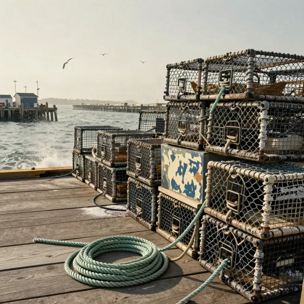 Low dock view of lobster traps, rope, and a fish crate at a windy Atlantic wharf.