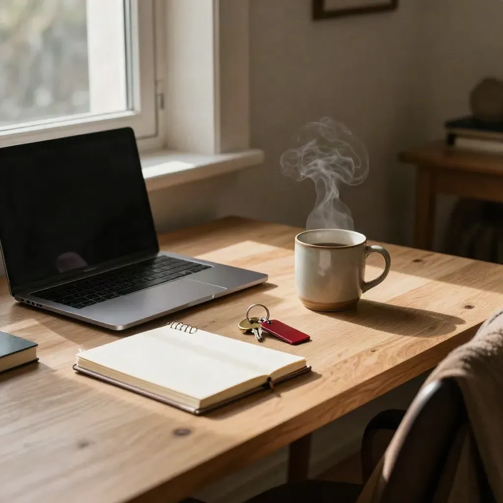Desk by a window with laptop, notebook, keys, steaming mug, and folded coat in morning light.