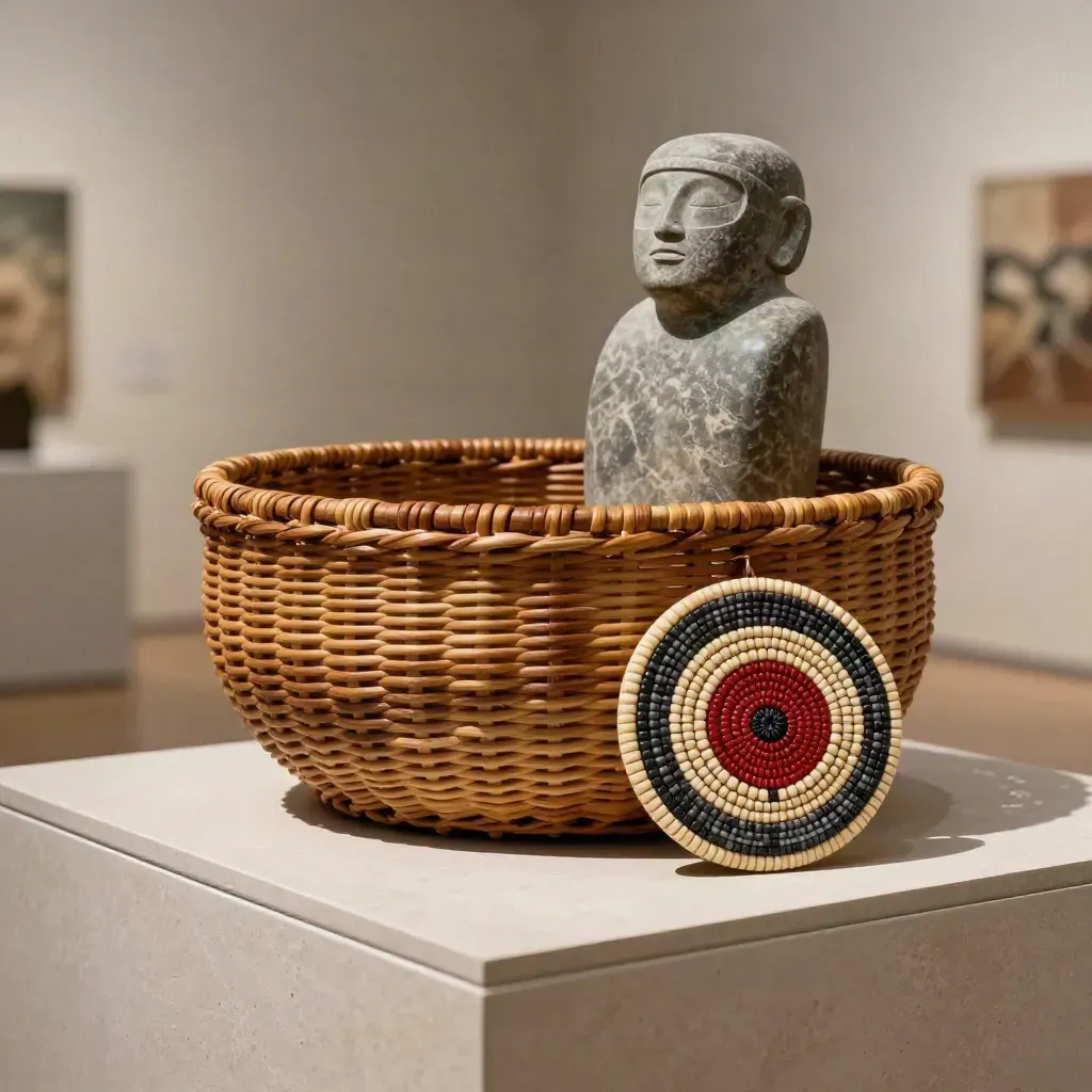 Cedar basket, soapstone figure, and beadwork medallion displayed on a plinth in soft museum light.