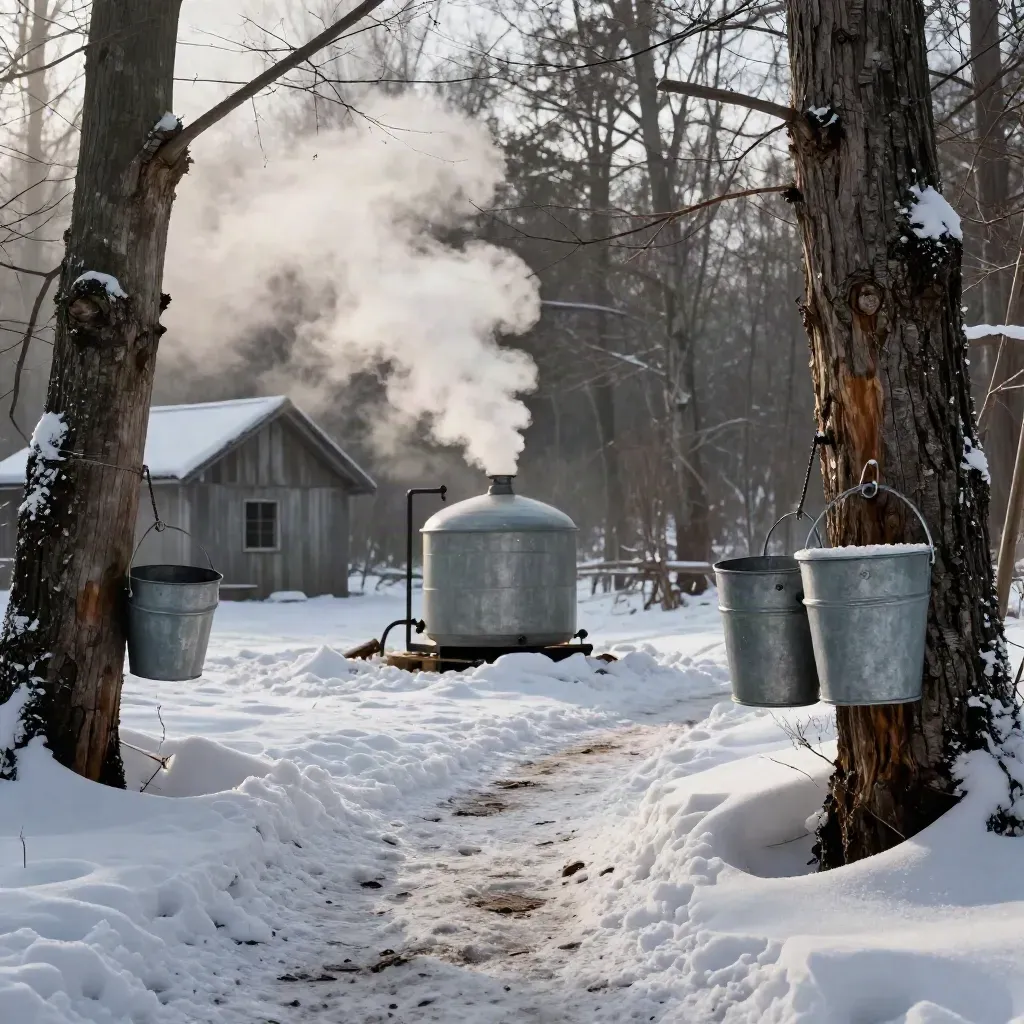 Sap buckets and a steaming evaporator in a snowy maple sugarbush at thaw