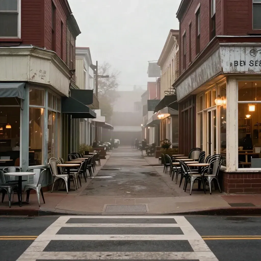 Evening main street with stacked café chairs, painted storefronts, and a glowing crosswalk in mist.
